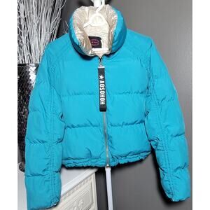 HC-HM Quilted Cropped Puffer Coat Aosohoh Oversized Womens Blue Jacket Size M